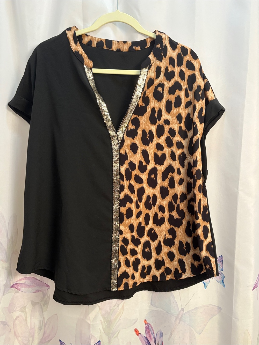 SHEIN 2XL Black and Leopard Print Short Sleeve Blouse